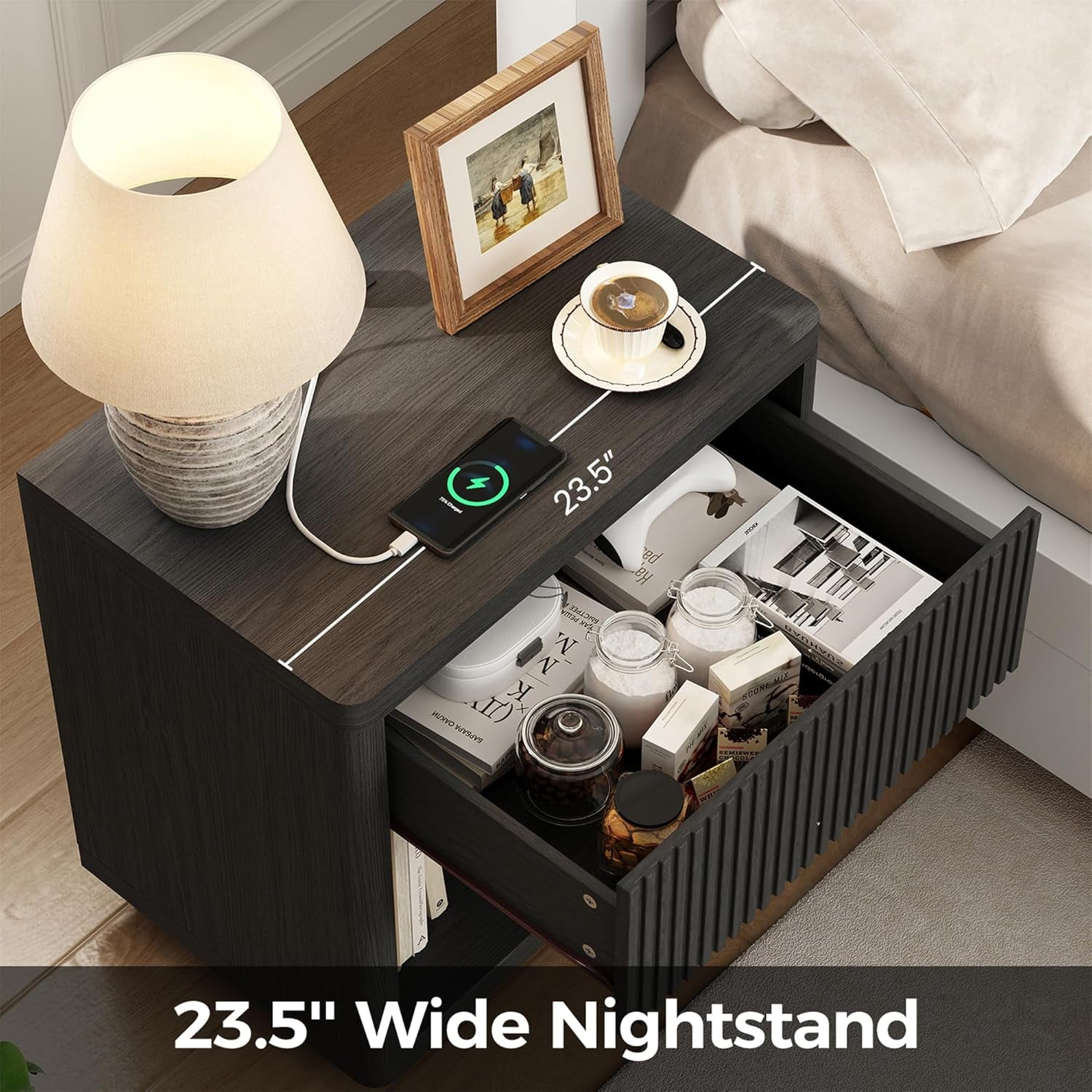 24" Wide Night Stands for Bedrooms Set of 2 with Charging Station, Wood Fluted Nightstand Set of 2 with Drawer and Outlet, 2Pcs Bedside Table for Bedroom