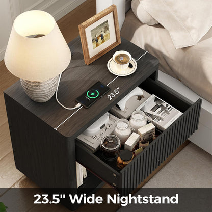 24" Wide Night Stands for Bedrooms Set of 2 with Charging Station, Wood Fluted Nightstand Set of 2 with Drawer and Outlet, 2Pcs Bedside Table for Bedroom