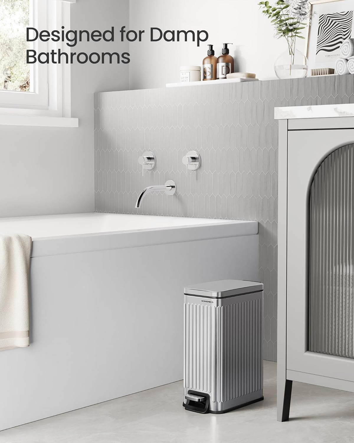 Bathroom Trash Can, 1.6-Gallon (6 L) Trash Bin with Lid, Slim for Small Spaces, Stainless Steel Garbage Can, Soft Close, Silver ULTB563E01