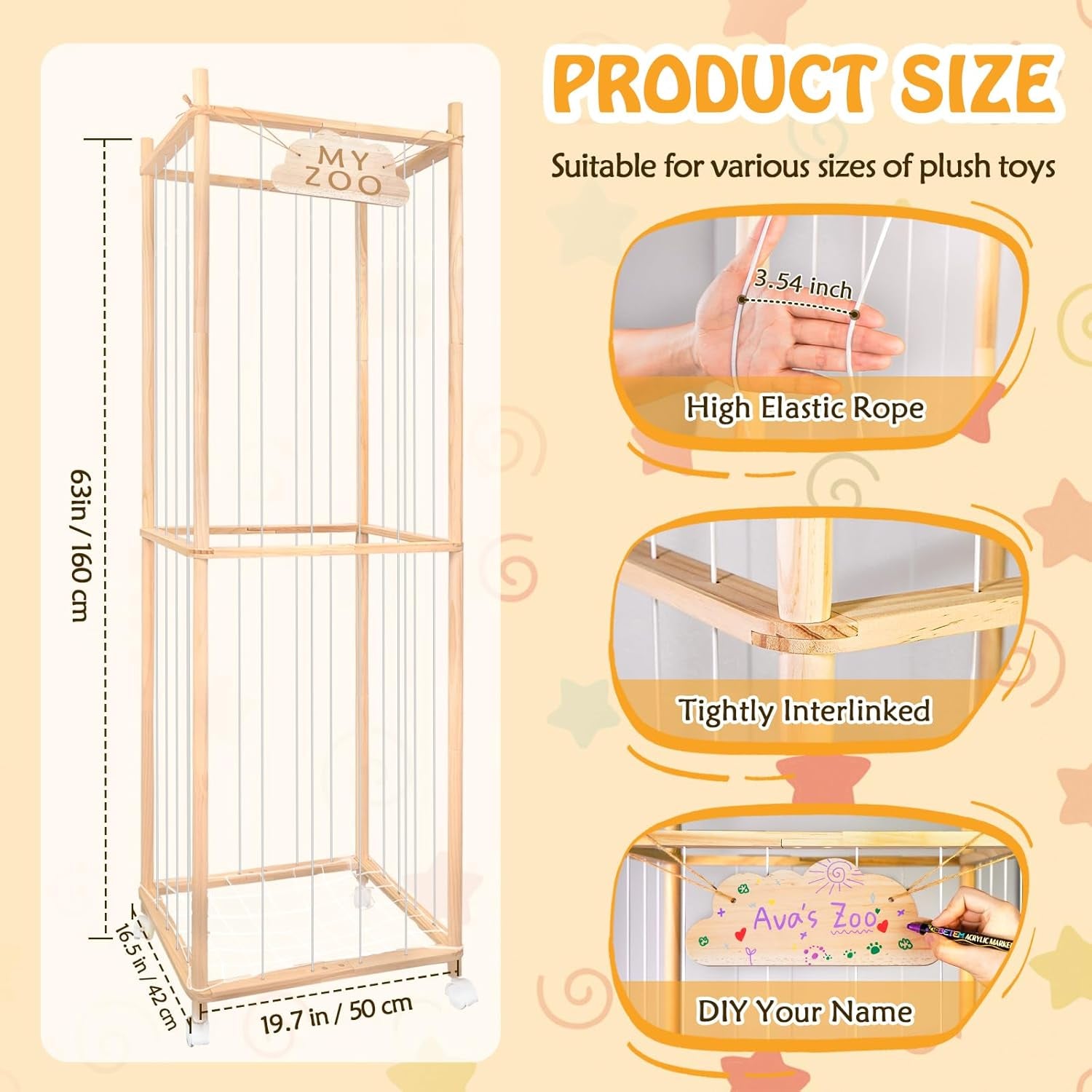 Stuffed Animal Storage Zoo with Wheels, 63'' Tall Large Wooden Plushies Storage Stuffed Animals Holder, Plush Toy Organizer Stuff Animal Zoo with Elastic Band and Net for Toddlers Playroom, Bedroom