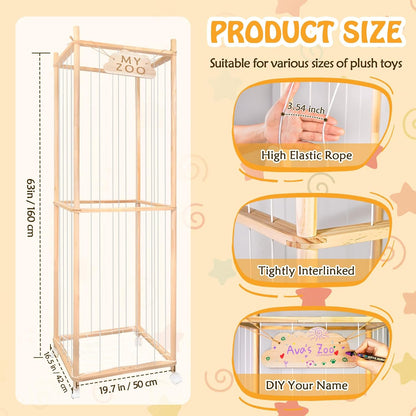 Stuffed Animal Storage Zoo with Wheels, 63'' Tall Large Wooden Plushies Storage Stuffed Animals Holder, Plush Toy Organizer Stuff Animal Zoo with Elastic Band and Net for Toddlers Playroom, Bedroom