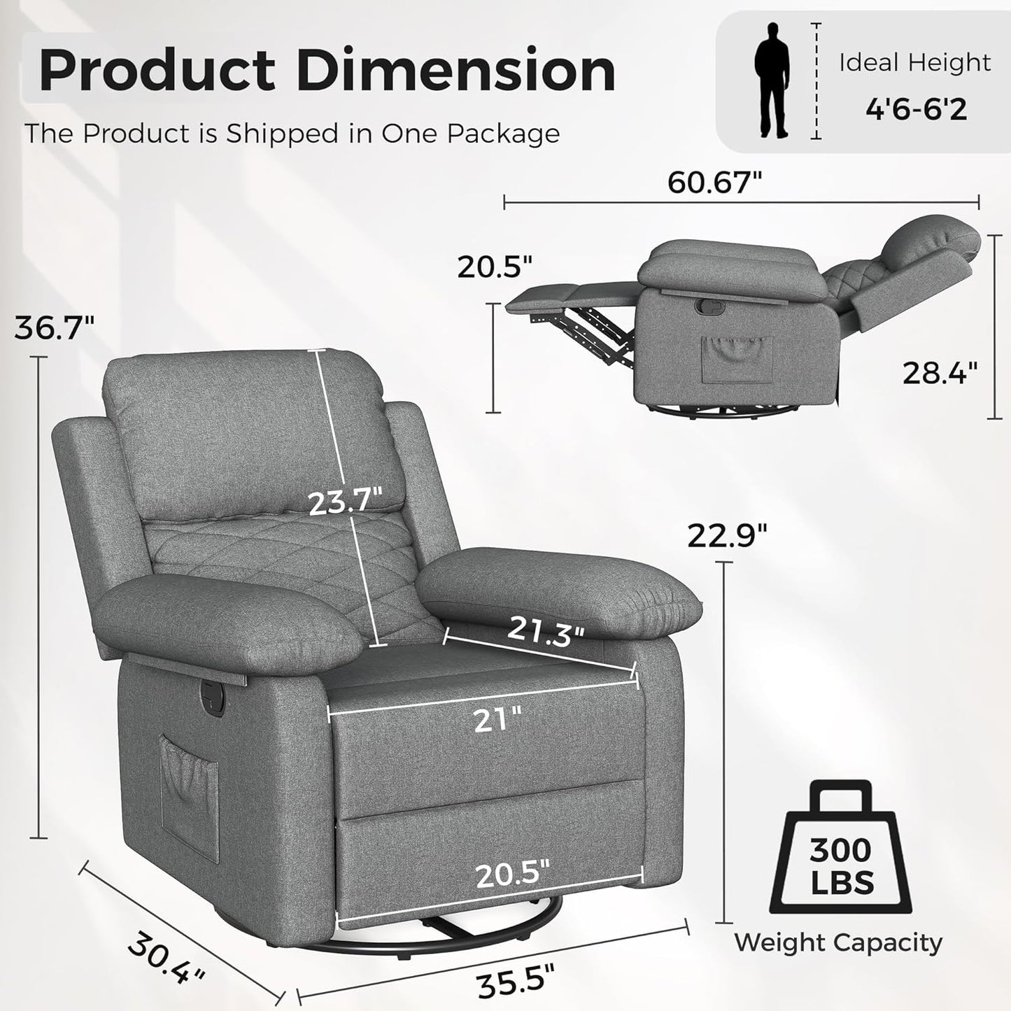 Glider Recliner for Adult Indoor Upholstered Lounge Nursery Chair Swivel Single Sofa with Side Pockets for Living Room Bedroom(Grey)