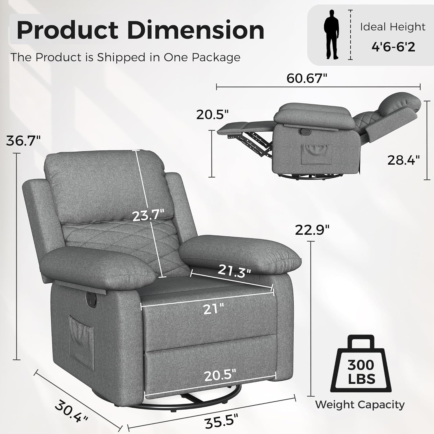 Glider Recliner for Adult Indoor Upholstered Lounge Nursery Chair Swivel Single Sofa with Side Pockets for Living Room Bedroom(Grey)