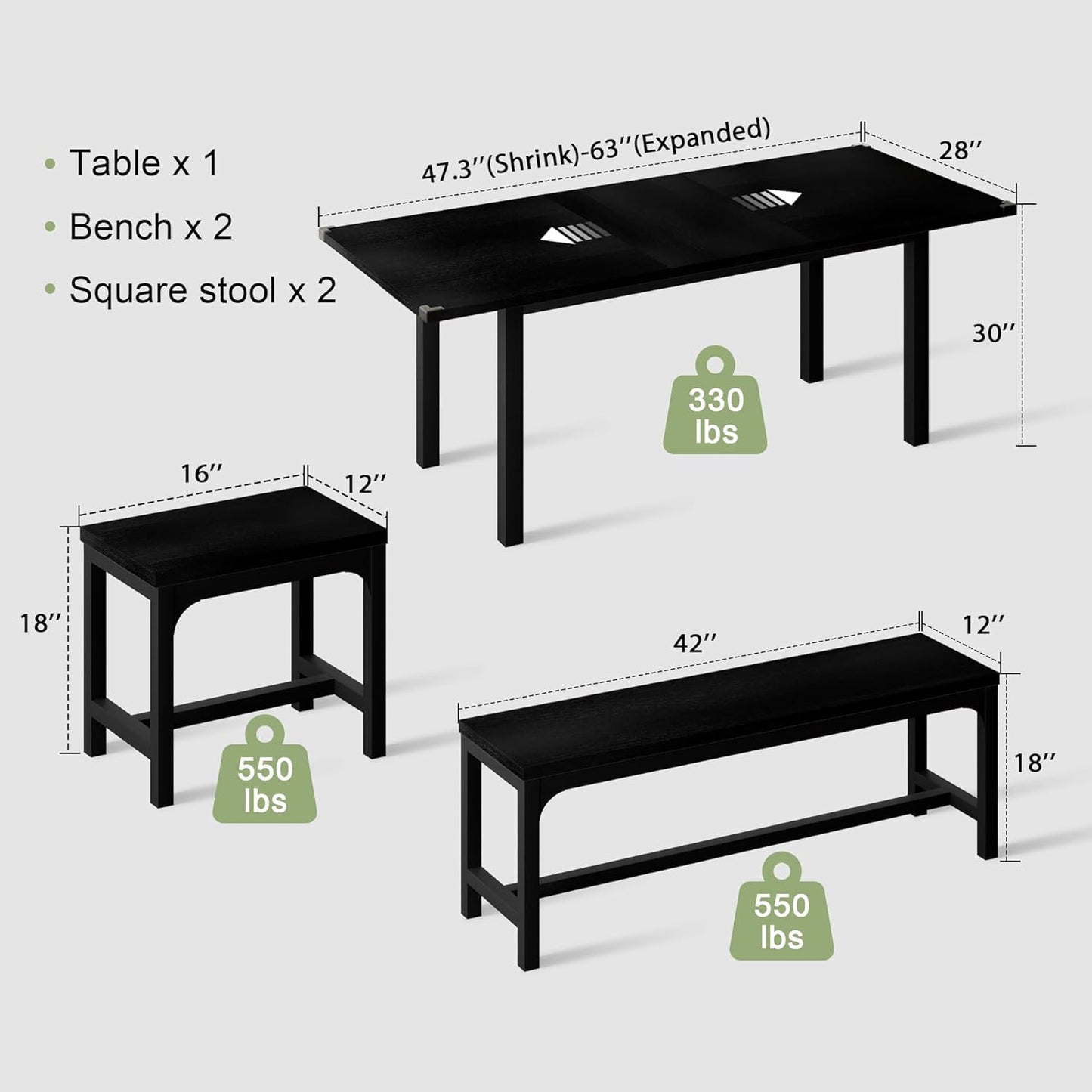 5-Piece Dining Table Set for 4-8 People, 63" Large Extendable Kitchen Table Set with 2 Benches and 2 Square Stools, Dining Room Table with MDF Wood Board, Easy Assembly, Black