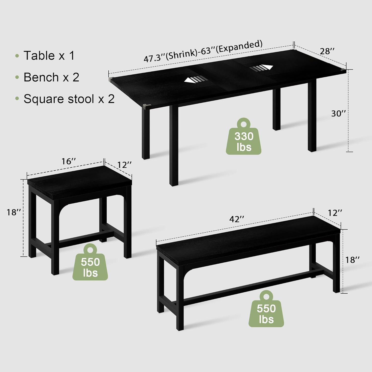 5-Piece Dining Table Set for 4-8 People, 63" Large Extendable Kitchen Table Set with 2 Benches and 2 Square Stools, Dining Room Table with MDF Wood Board, Easy Assembly, Black