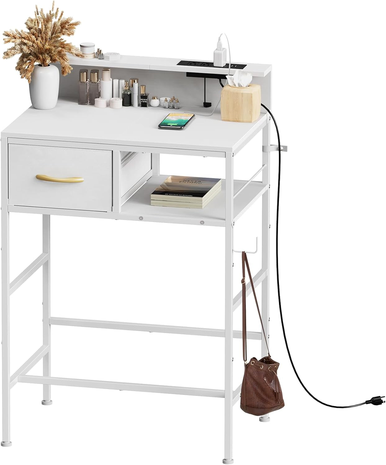 Small Vanity Desk No Mirror, 23.6 Inch Makeup Vanity Table with Fabric Drawers Power Outlet, Compact Makeup Desk for Girls Bedroom and Small Space, White