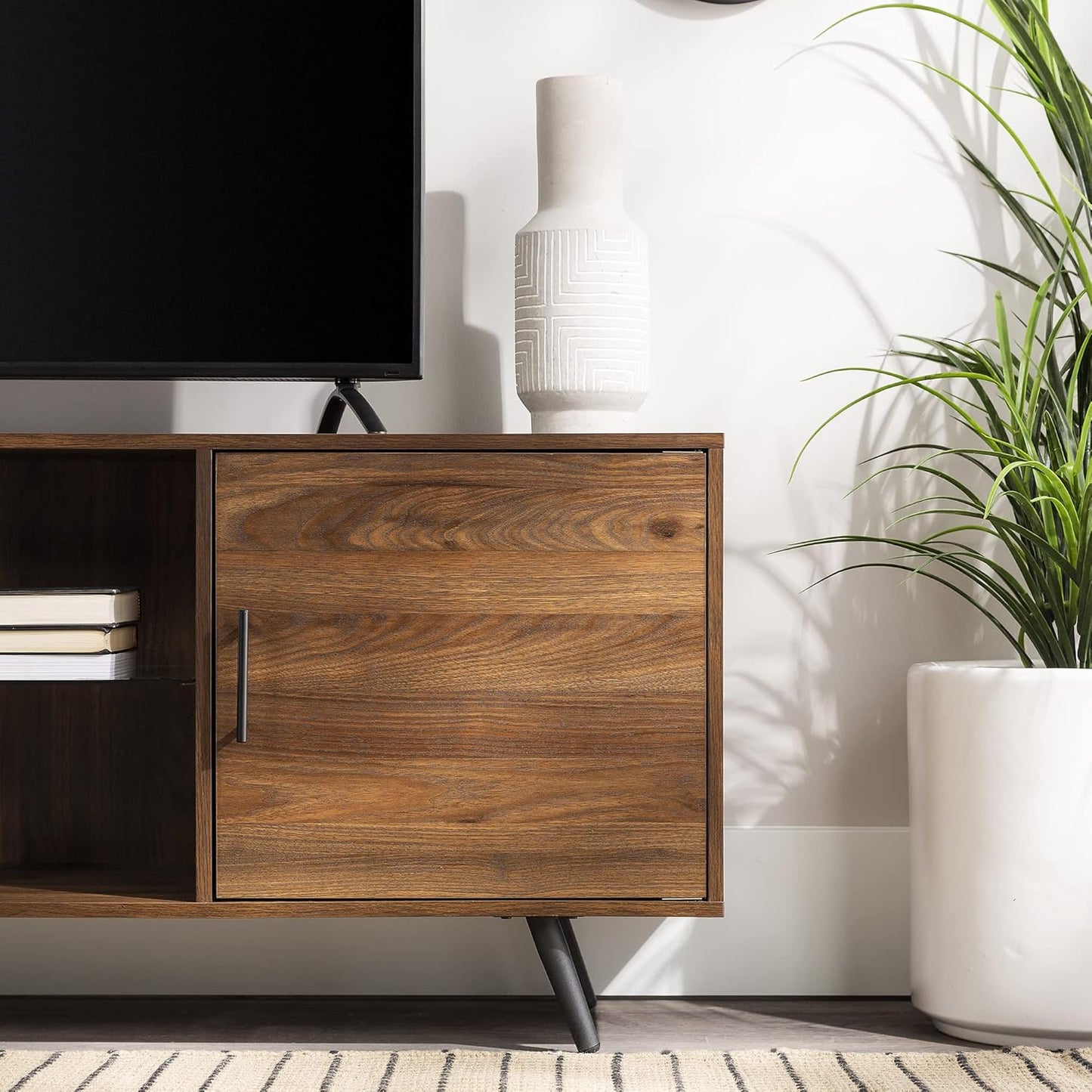 Saxon Mid Century Modern 2 Door Glass Shelf TV Stand for Tvs up to 80 Inches, 70 Inch, Dark Walnut