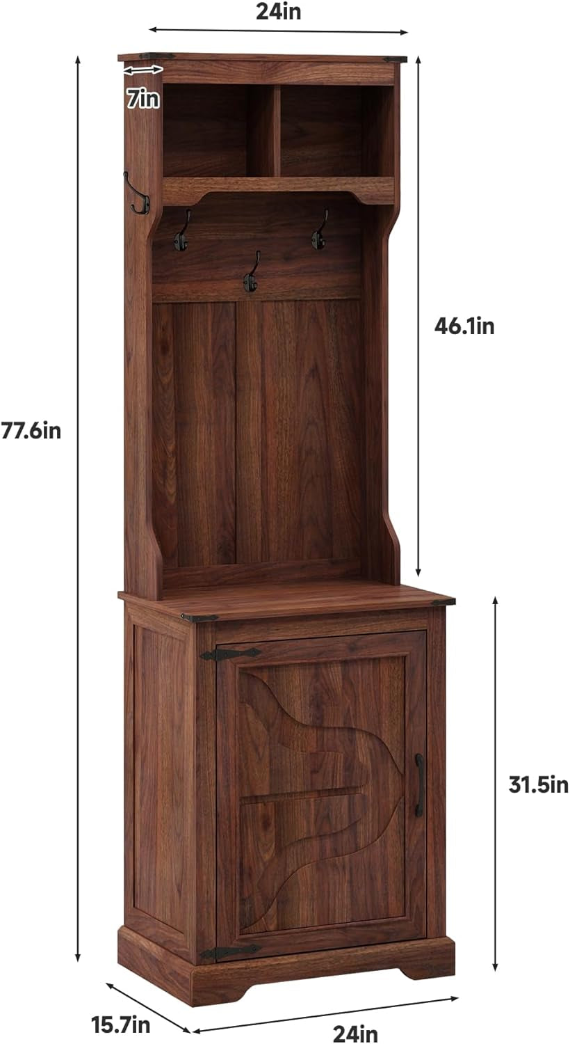 Farmhouse Narrow Coat Rack with Shoe Storage, 6 Shoe Cubbies & 4 Coat Hooks, Hall Tree with Shoe Storage, Entryway Bench with Adjustable Shelves for Hallway, Living Room, Mudroom, Brown