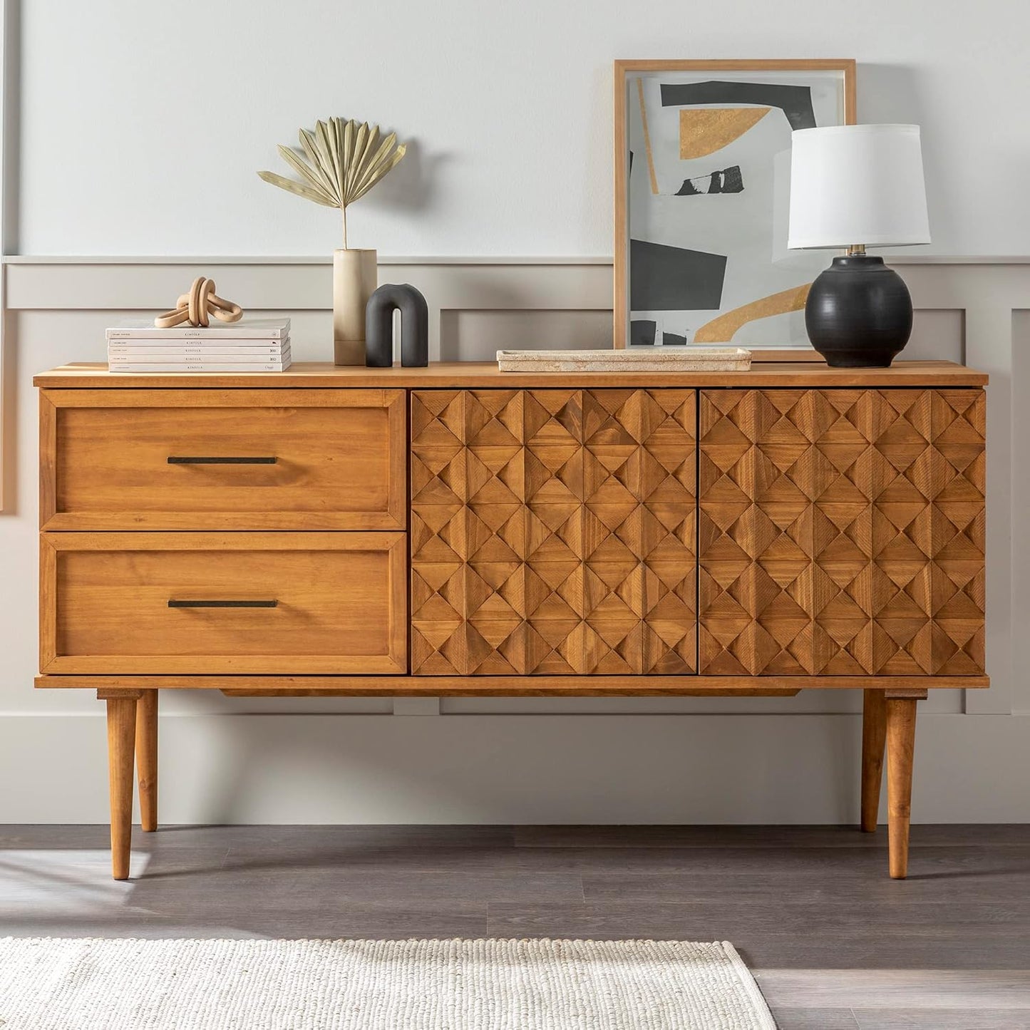 Deluca Boho Solid Wood 2 Door Sideboard with Prism Detail, 58 Inch, Caramel