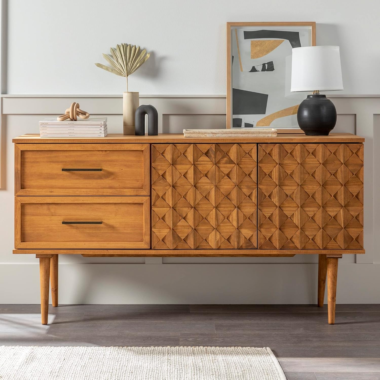 Deluca Boho Solid Wood 2 Door Sideboard with Prism Detail, 58 Inch, Caramel
