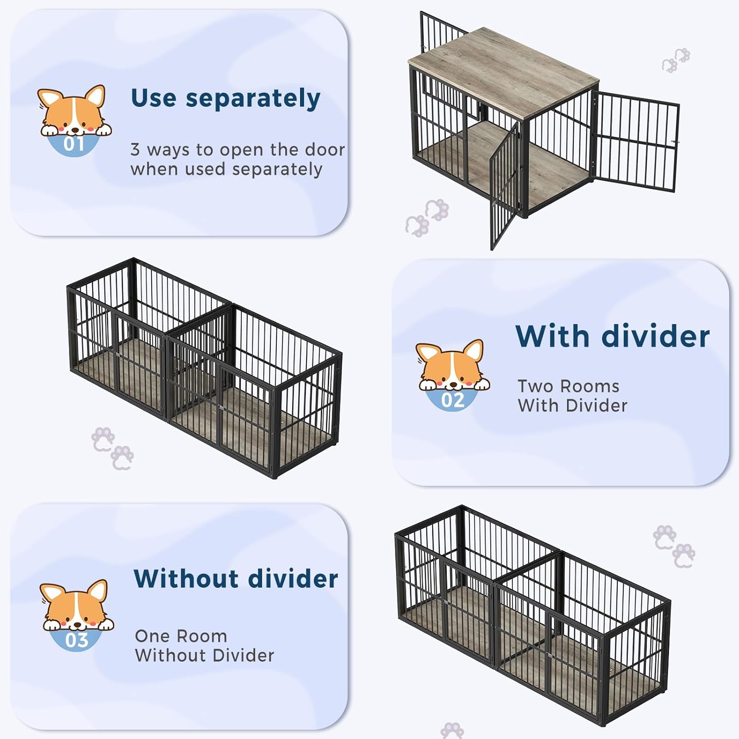 86.62'' Dog Crate Furniture Large Breed TV Stand with Double Rooms for 2 Large Medium Dogs, Wooden Indoor Kennel Crate Cage End Table with Removable Divider, Can Use Separately, Natural Beech