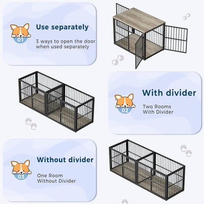 86.62'' Dog Crate Furniture Large Breed TV Stand with Double Rooms for 2 Large Medium Dogs, Wooden Indoor Kennel Crate Cage End Table with Removable Divider, Can Use Separately, Natural Beech