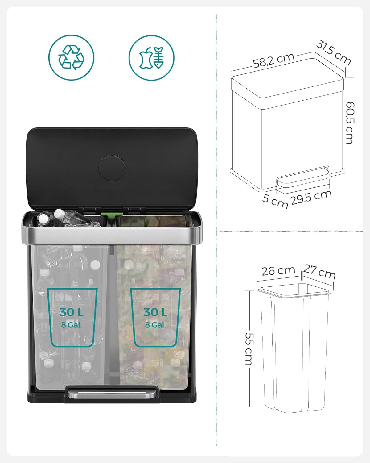 Kitchen Trash Can, 16 Gallon (2 X 8 Gallon) Dual Compartment Garbage Can, 60L Pedal Recycling Bin, Stays Open and Soft Close, Stainless Steel, 15 Bags Included, Metallic Silver ULTB202E01