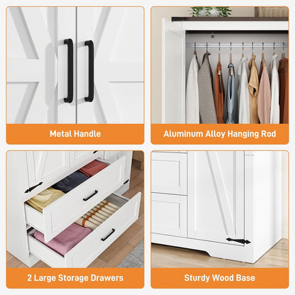 Farmhouse Wardrobe Armoire Closet with 3 Doors and 2 Drawers, 70.1" Wooden Clothing Storage Cabinet, Freestanding Large Capacity Storage Wardrobe Armoire with Hanging Rod for Bedroom, White