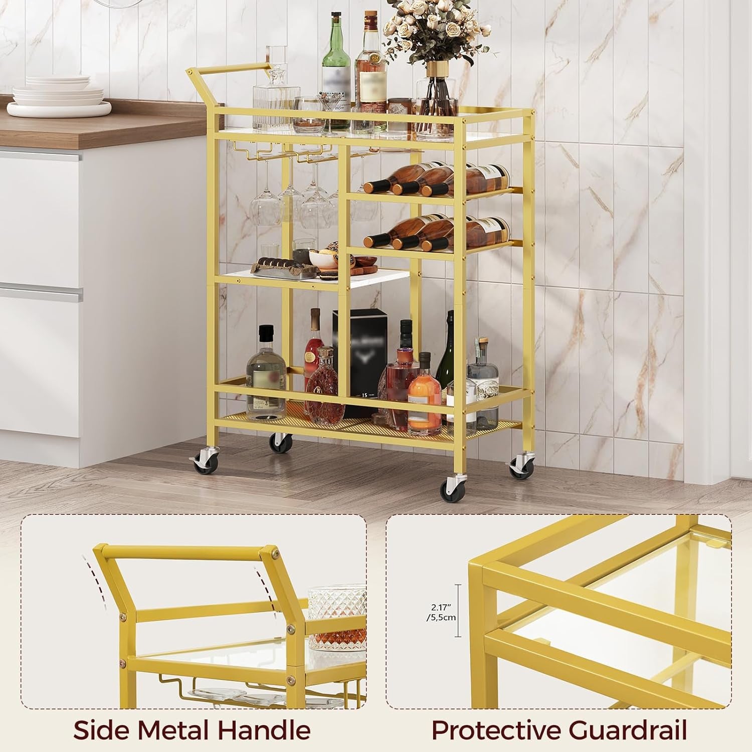 Bar Cart for Home, 3-Tier Serving Cart with Glass Top, Beverage Cart with Wine Rack and Glass Holder, Drink Cart with Wheels, for Dining Room, Living Room, Gold and White RCJM71B01