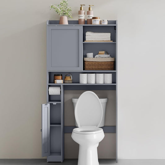 over the Toilet Storage Shelf, Bathroom Storage Cabinet with Sliding Door, Adjustable Shelves, Toilet Paper Holder, Space-Saving, Modern, 9.8 X 32.7 X 66.9 Inches, Dove Gray UBTS018G01