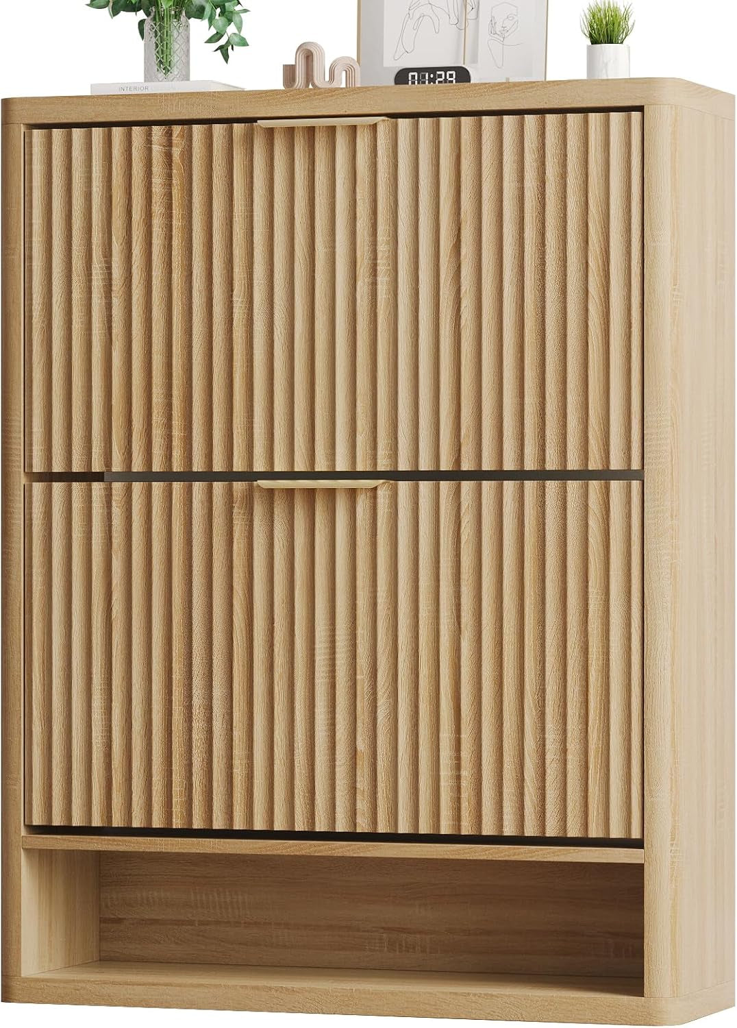 Fluted Shoe Cabinet Storage with 2 Flip Drawers, Narrow Shoe Storage Organizer for Entryway, Hidden Slim Wooden Shoe Rack Cabinet for Front Door Entrance, Hallway, Living Room (2-Drawer, Oak)