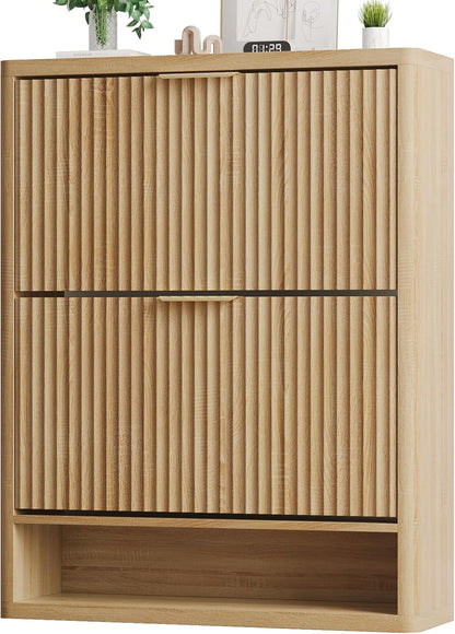 Fluted Shoe Cabinet Storage with 2 Flip Drawers, Narrow Shoe Storage Organizer for Entryway, Hidden Slim Wooden Shoe Rack Cabinet for Front Door Entrance, Hallway, Living Room (2-Drawer, Oak)