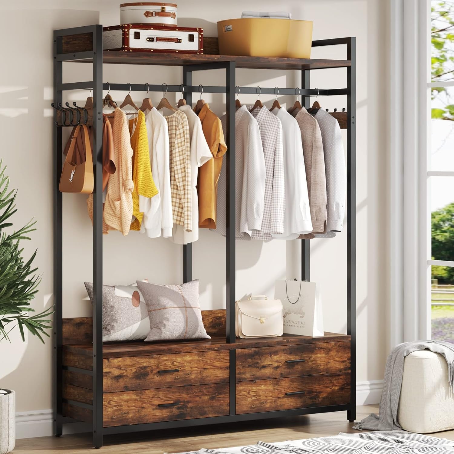 Freestanding Closet Organizer for Hanging Clothes, Heavy Duty Garment Rack with 4 Drawers, 8 Hooks and Storage Shelves, Wardrobe Closet Clothing Rack for Bedroom, Living Room, Rustic Brown