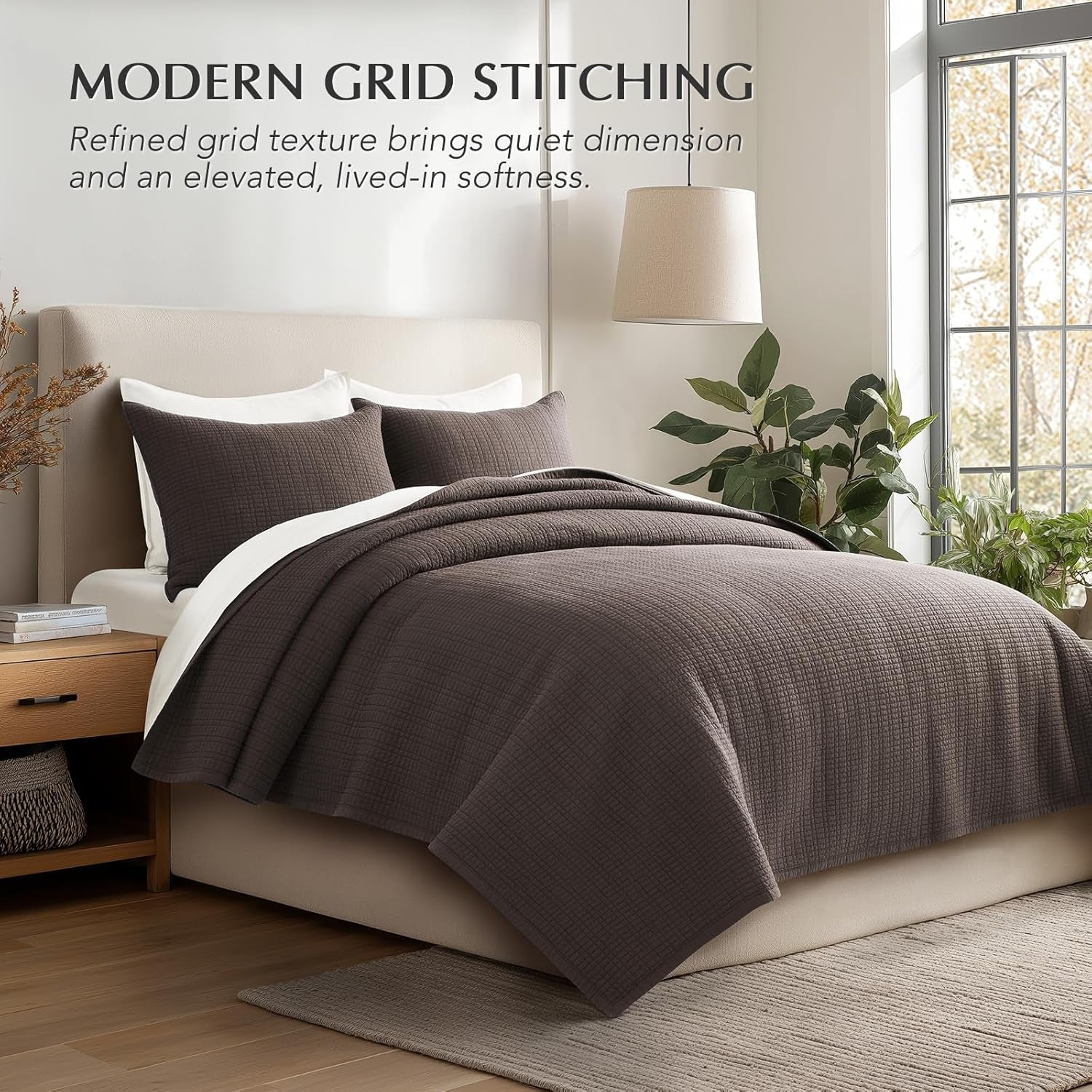 100% Cotton Quilt King Size, Pre-Washed Modern Grid Stitch Lightweight Bedspread Coverlet for All Season, Oversized 3-Piece Bedding Set with 2 Pillow Shams, Dark Brown