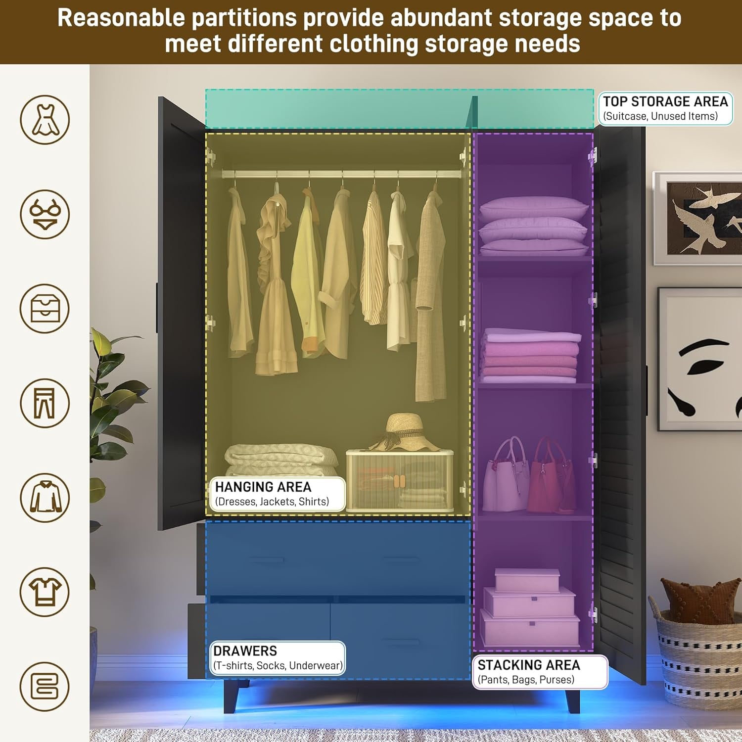 3 Door Armoire Wardrobe Closet Cabinet with Drawers and LED Lights, Multi-Tier Shelves, Hanging Rod & 3 Louver Doors, Large Capacity Storage Wardrobe Armoire for Bedroom(3 Doors Black)