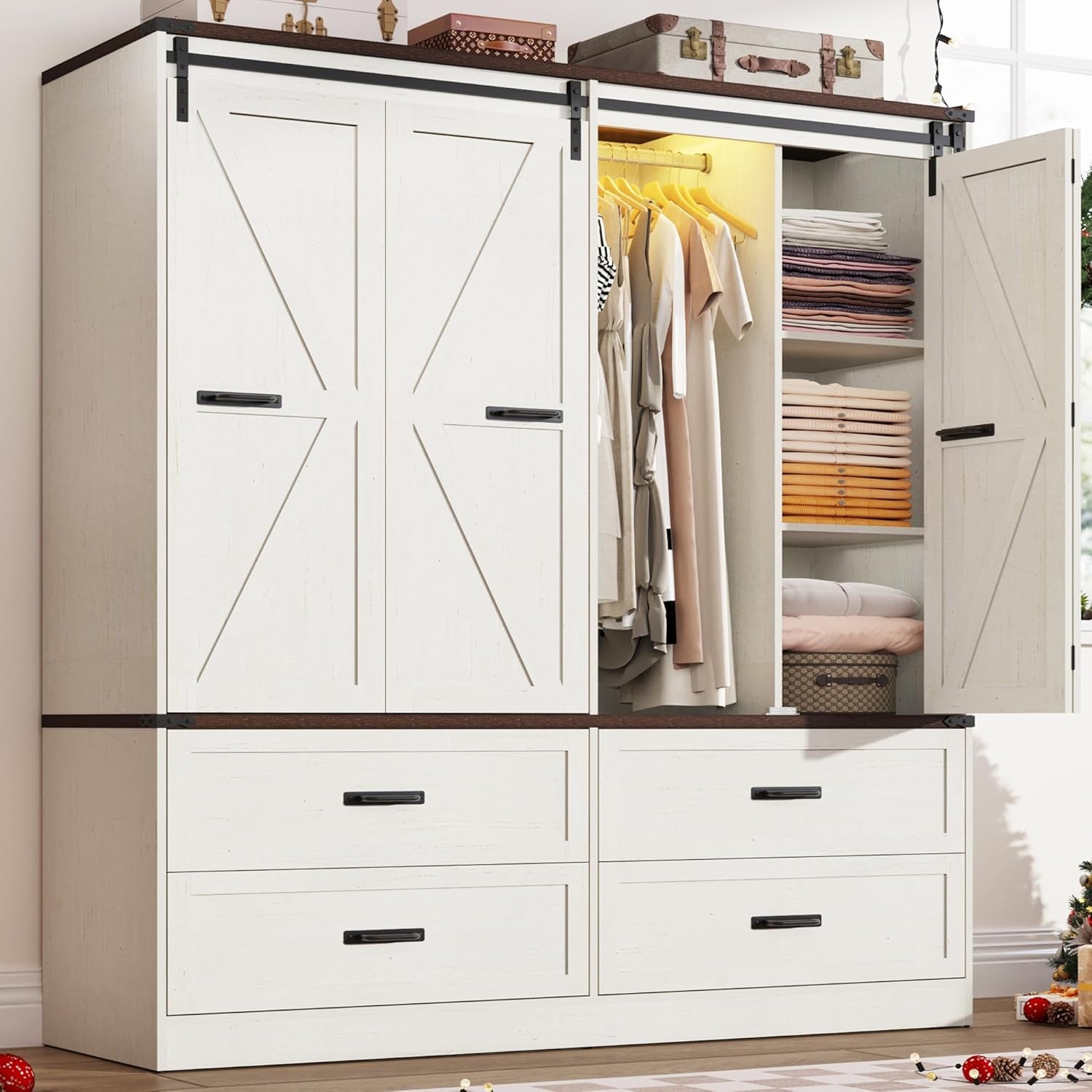 Farmhouse 4 Doors Armoire Wardrobe Closet W/Folding Sliding Barn Door and Lights, LED Armoire Closet W/Drawers for Bedroom, Freestanding Wooden Wardrobe Storage Closets W/Hanging Rod,Antique White