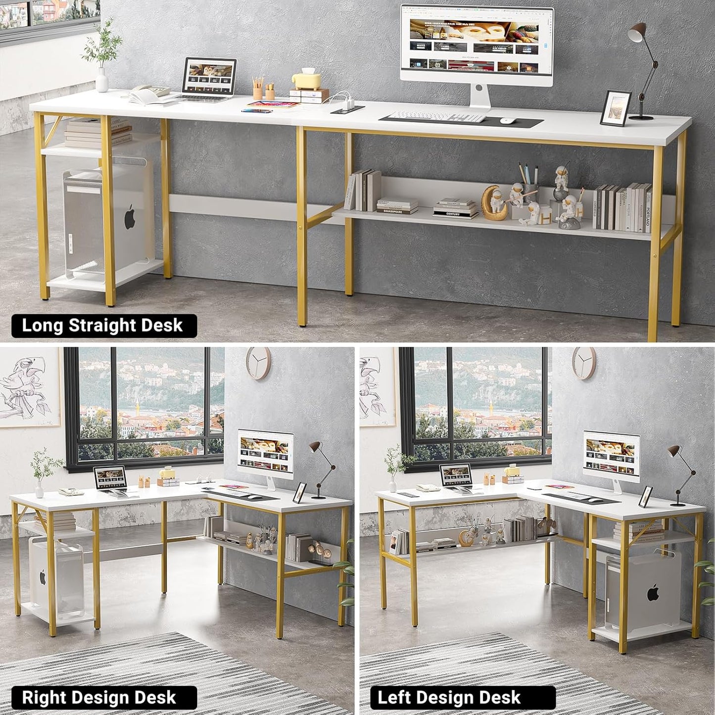 Reversible L Shaped Desk with Magic Power Outlets and USB Charging Ports, Sturdy Corner Computer Desk with Storage Shelves, Gaming Table Home Office Desk, Easy to Assemble, White and Gold