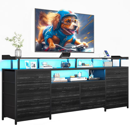 12 Drawers TV Stand Dresser for 65/70 Inch TV, Entertainment Center with LED Lights & Power Outlets, 63" Large LED TV Stand, TV Console for Bedroom