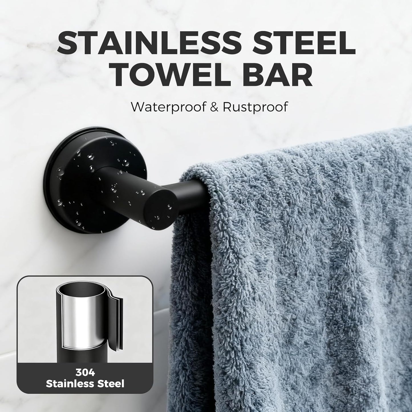 Adjustable Suction Cup Towel Bar for Bathroom Wall,14.6Inch~24 Inch Towel Racks for Bathroom,Stainless Steel Bath Towel Holder for Shower(Matte Black)