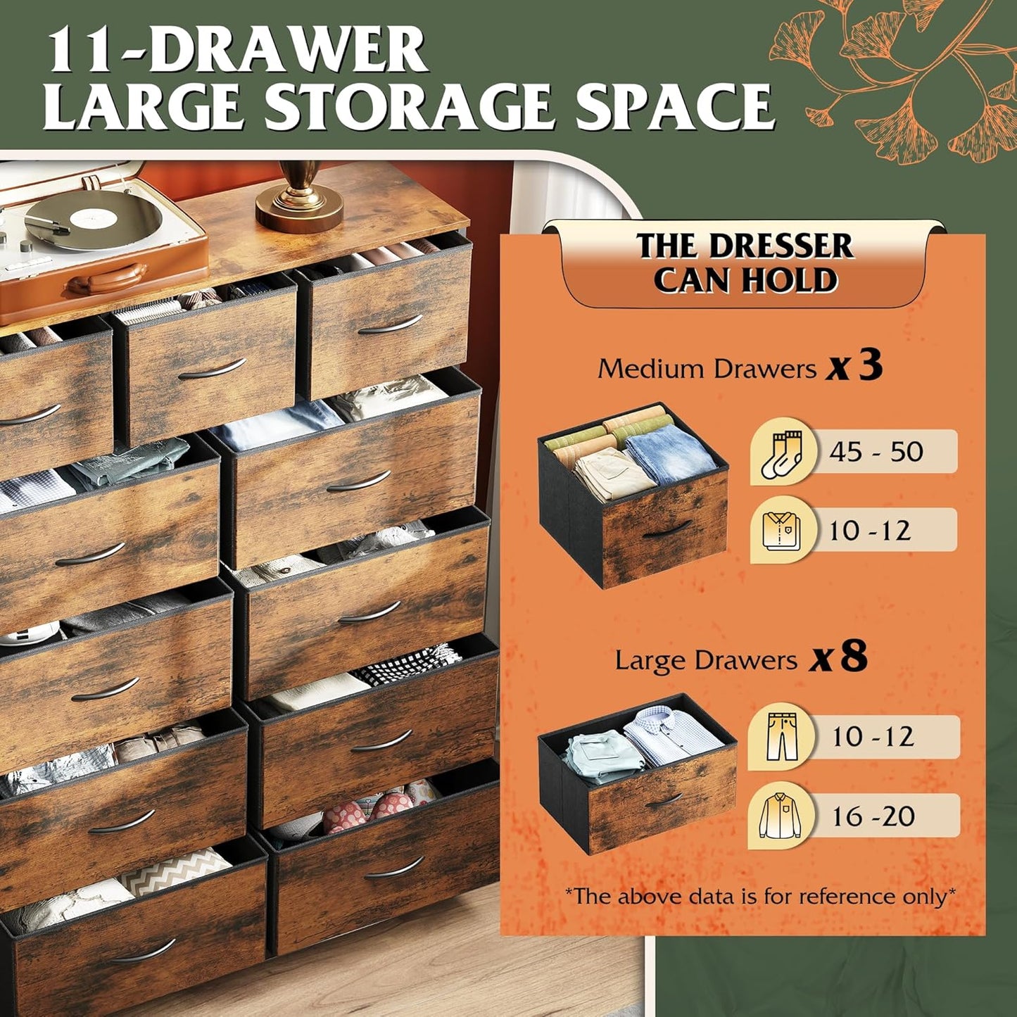 Storage Organizer Unit with 11 Fabric Bins, Storage Drawers Organizer with Steel Frame, Tall Storage Tower Organizaton for Living Room, Hallway, Office, Rustic Brown