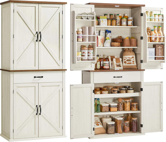 LIRY Collection - Pantry Cabinet, 70.3-Inch Tall Farmhouse Kitchen Storage Cabinet with Barn Doors, Drawer, Tray, Adjustable Shelves, for Kitchen, Dining Room, Rustic White UBBK364W01