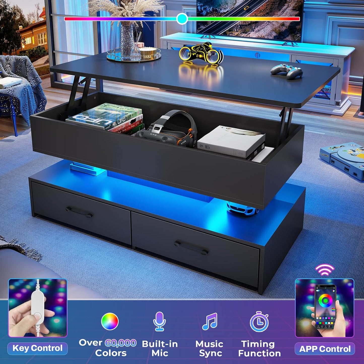 40" Lift Top Coffee Table, Coffee Tables with Storage for Living Room, Small Coffee Table with 2 Drawers & LED Light for Dining Reception Room, Black