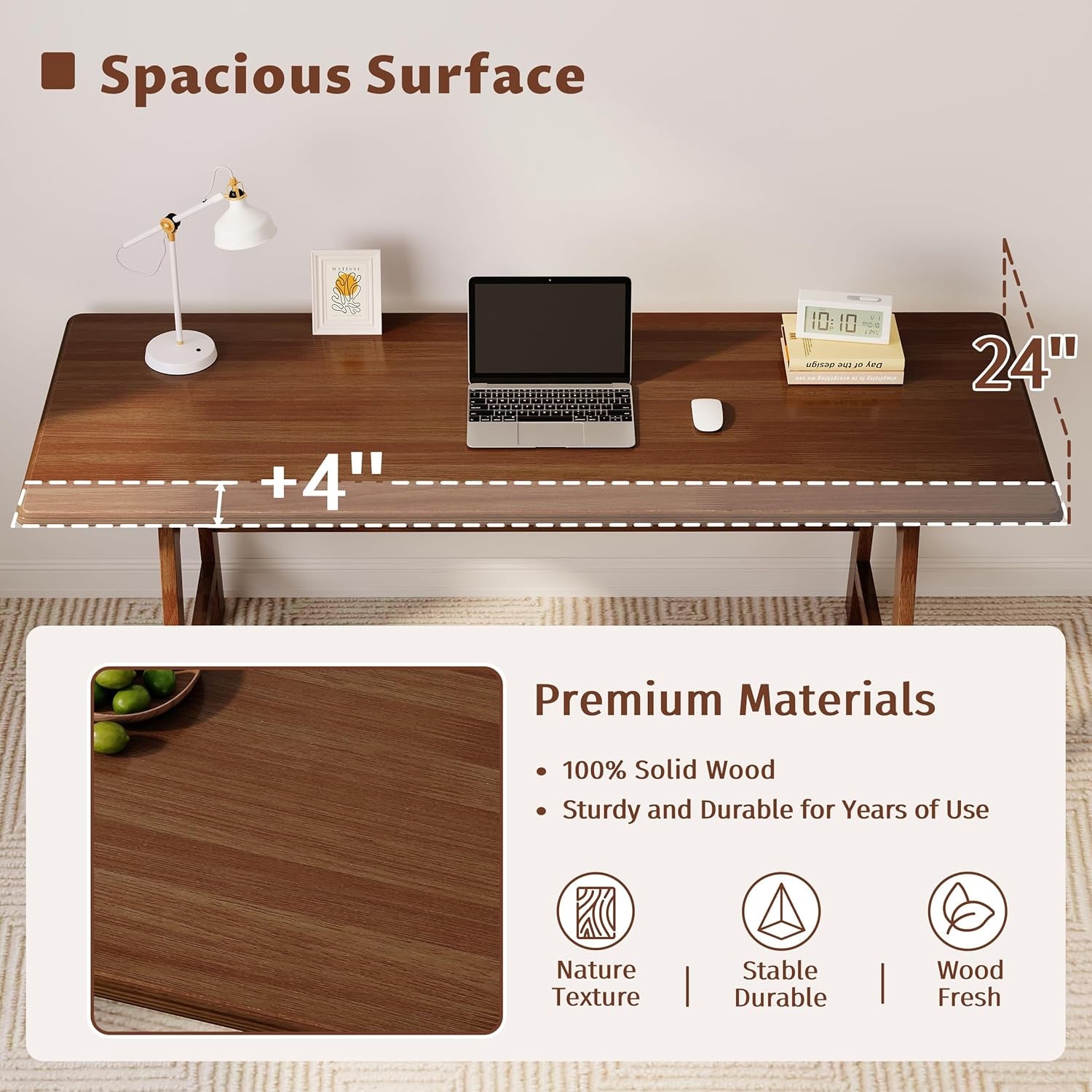Solid Wood Writing Table - 48" W X 24" D Minimalist Computer Desk for Home Office, Work, Study, Creativity, and PC Workstation, Walnut
