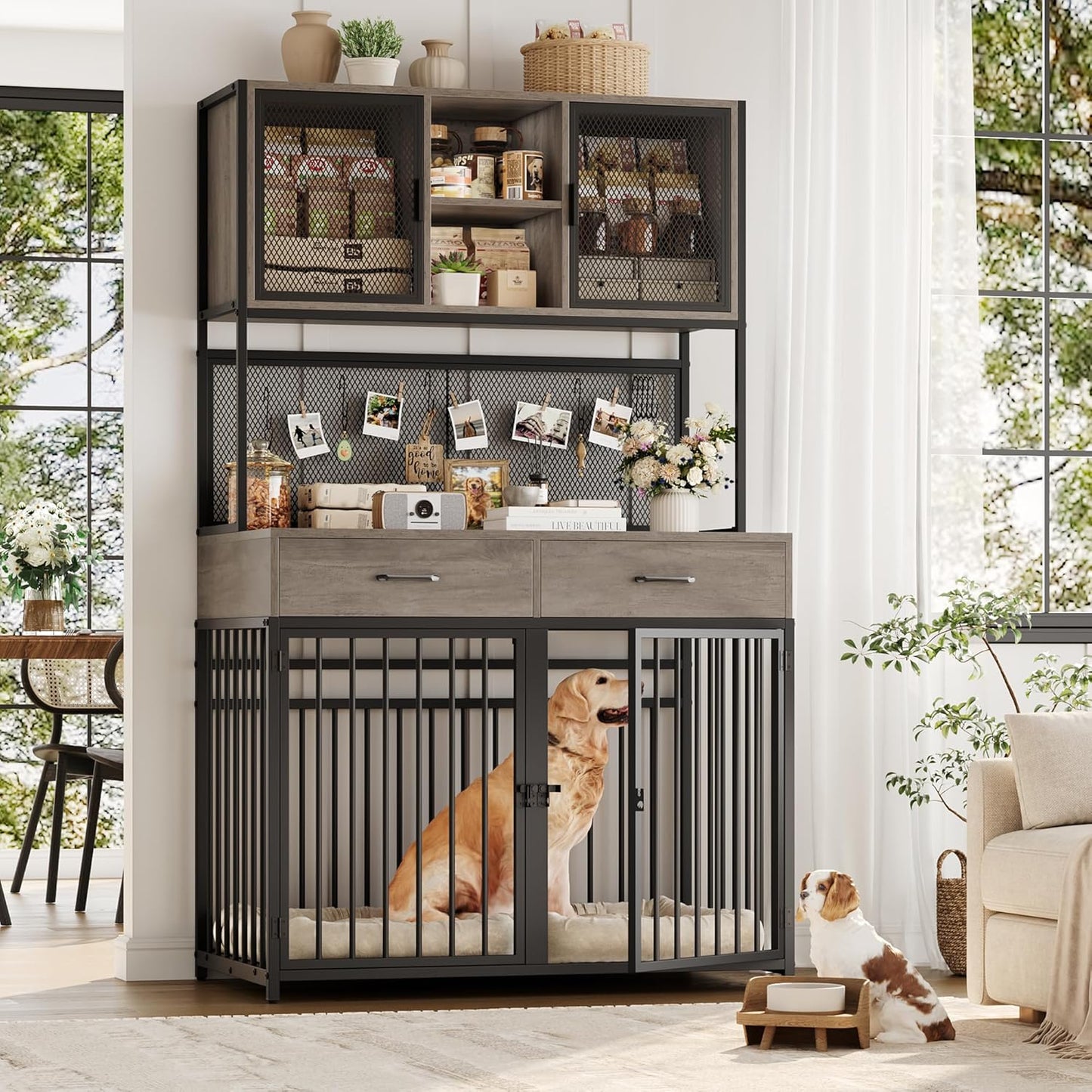 71" Tall Dog Crate Furniture, Indoor Dog Kennel with Hutch, 42" W Dog Cage for Large/Medium Dogs, Wood Dog Crates with 2 Storage Drawers, Heavy Duty Pet House, Ash Grey