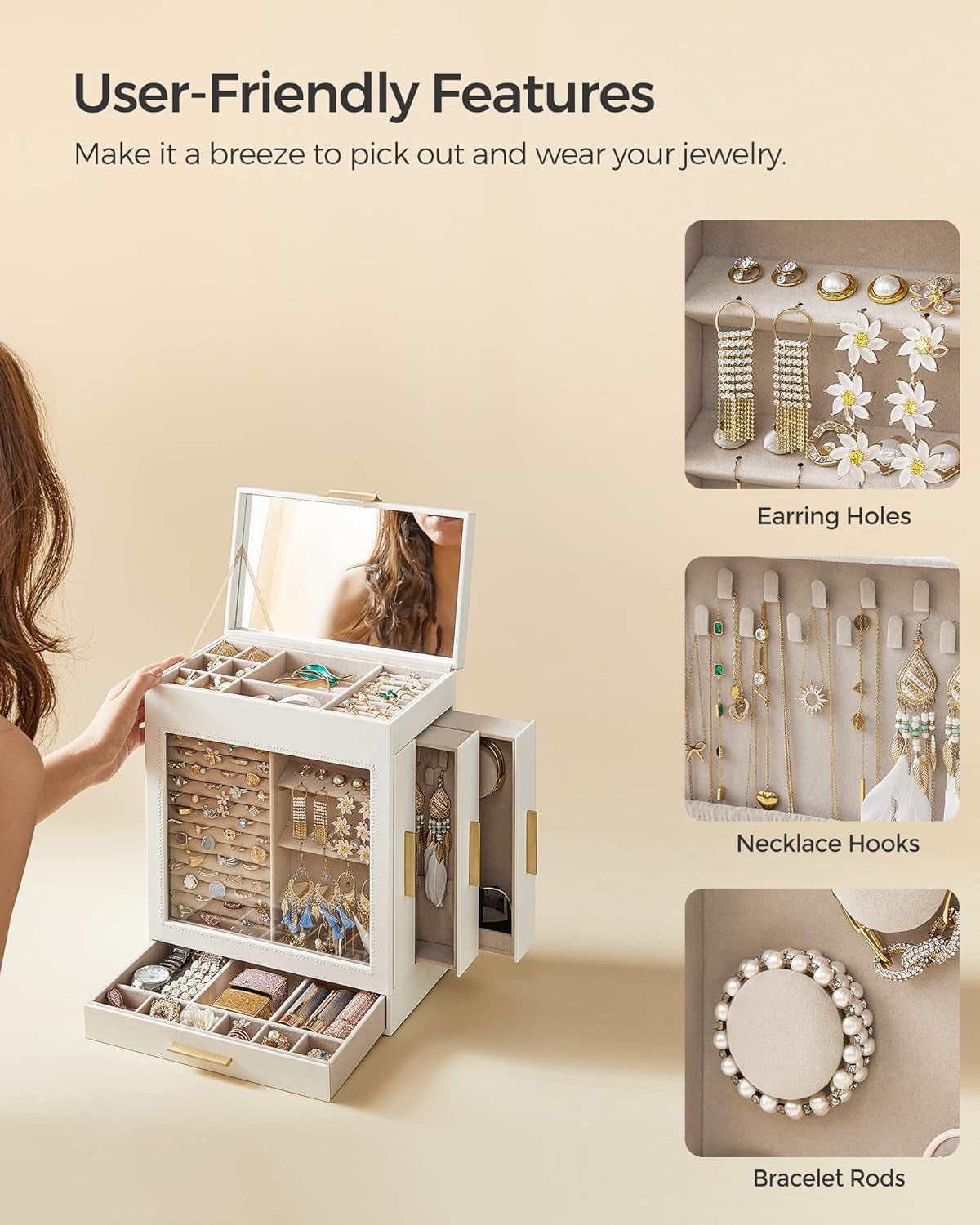 Jewelry Box with Glass Window, 5-Layer Jewelry Organizer with 3 Side Drawers, Jewelry Storage, with Big Mirror, Modern, 6.1 X 10.3 X 12.6 Inches, Cloud White and Metallic Gold UJBC162W01
