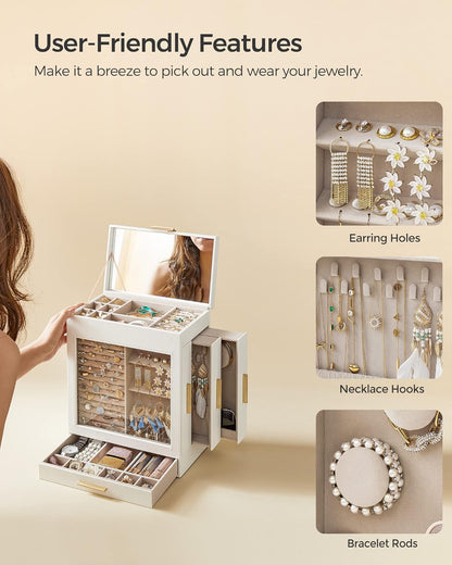 Jewelry Box with Glass Window, 5-Layer Jewelry Organizer with 3 Side Drawers, Jewelry Storage, with Big Mirror, Modern, 6.1 X 10.3 X 12.6 Inches, Cloud White and Metallic Gold UJBC162W01