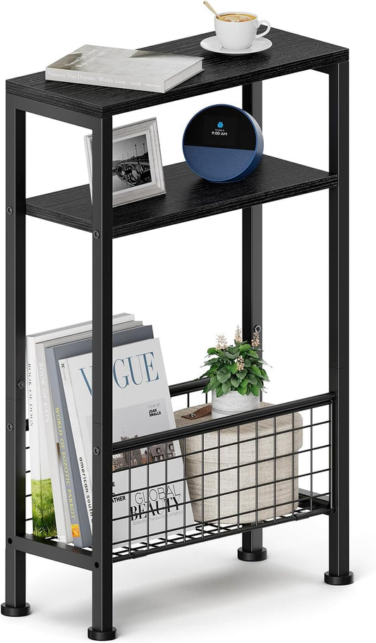 Narrow Side Table, Skinny End Table for Small Spaces with Storage, 3-Tier Slim Wooden Bedside Nightstand Thin Couch Table for Living Room Bedroom Office Dorm Kitchen Bathroom (Black)