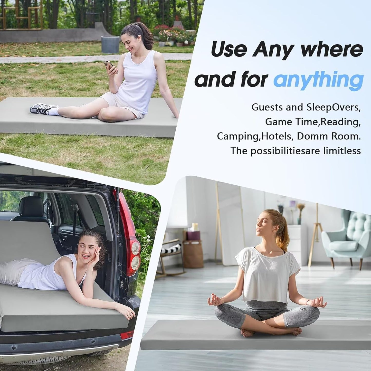 Memory Foam Camping Mattress Pad,3Inch Sleeping Pad for Camping,Non-Slip Bottom Floor Cot Car Mattress Bed with Retaining Portable Roll up Mattress Pad Mat for Travel Truck Guest Bed Tent