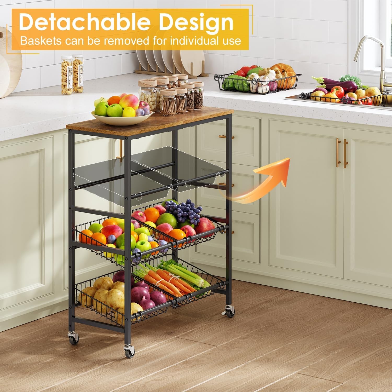 4-Tier Rolling Kitchen Storage Cart,Utility Kitchen Pantry Organizers and Storage Cart with Wheels for Snack Fruit and Vegetable,Microwave Stand with Storage Shelf,Has 6 Wire Baskets and Wood Tabletop