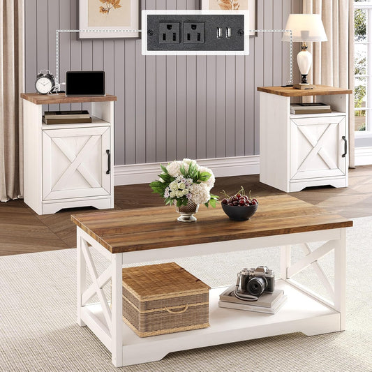 3-Piece Farmhouse Living Room Table Sets, Includes 1 X Coffee Table, 2 X End Tables with Charging Station & USB Ports, Rustic Coffee Table Set of 3, Distressed White