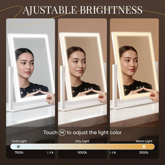Vanity Mirror with Lights, 17.3’’ LED Makeup Mirror Detachable 10X/5X Magnification, Smart Touch Control, 3 Color Lighting Modes,360°Rotation Tabletop Make up Mirror for Bedroom Bathroom
