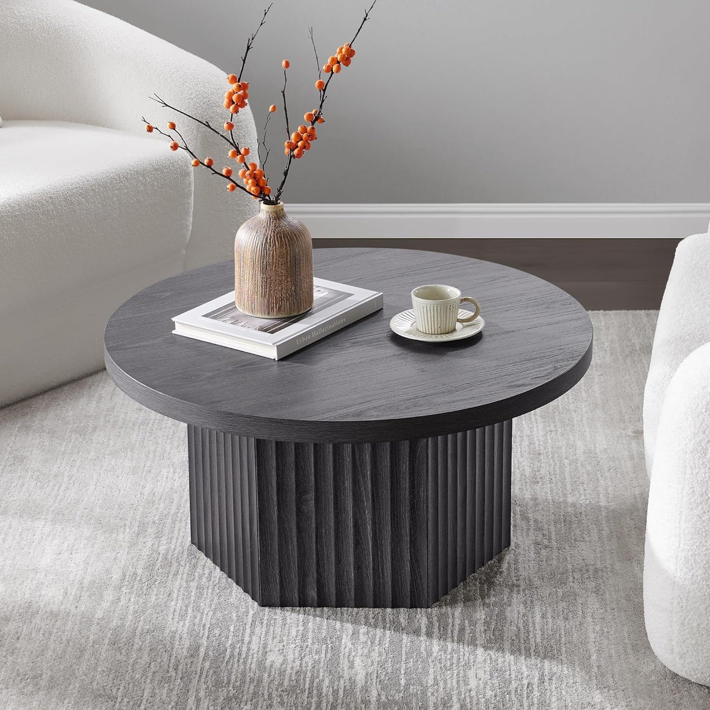 round Coffee Table for Living Room, Mid Century Modern Fluted Center Coffee Table with Storage, 32" Circle Accent Tea Dining Table for Apartment, Dark Grey Alder