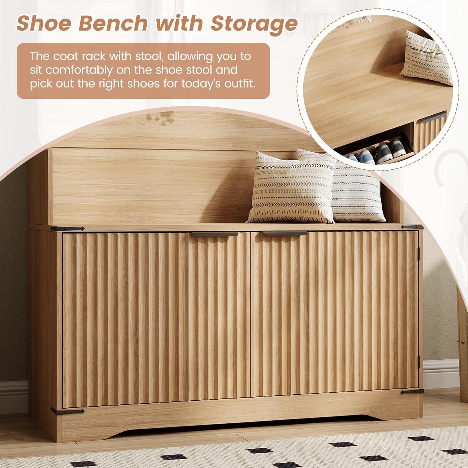 67" Entryway Hall Tree with Bench and Shoe Storage, 5-In-1 Coat and Shoe Rack, Mudroom Bench with Storage and 4 Hooks, Adjustable LED Sensor Light, Modern Boho Fluted Coat Tree, Walnut