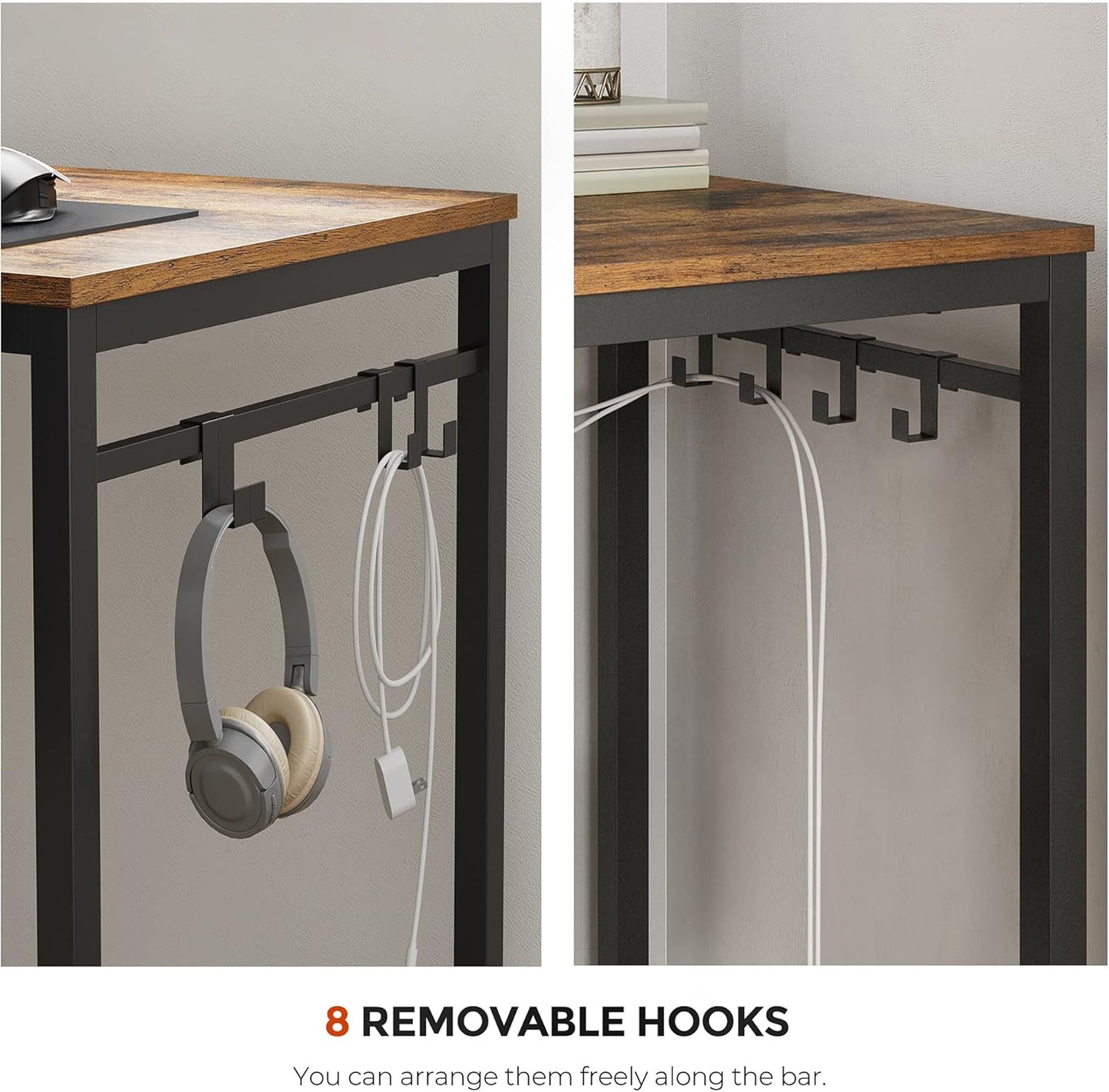 Computer Desk, Office Desk with 8 Hooks, for Study, Home Office, Easy Assembly, Industrial Design, 55.1 X 23.6 X 29.5 Inches, Greige and Black ULWD059B02