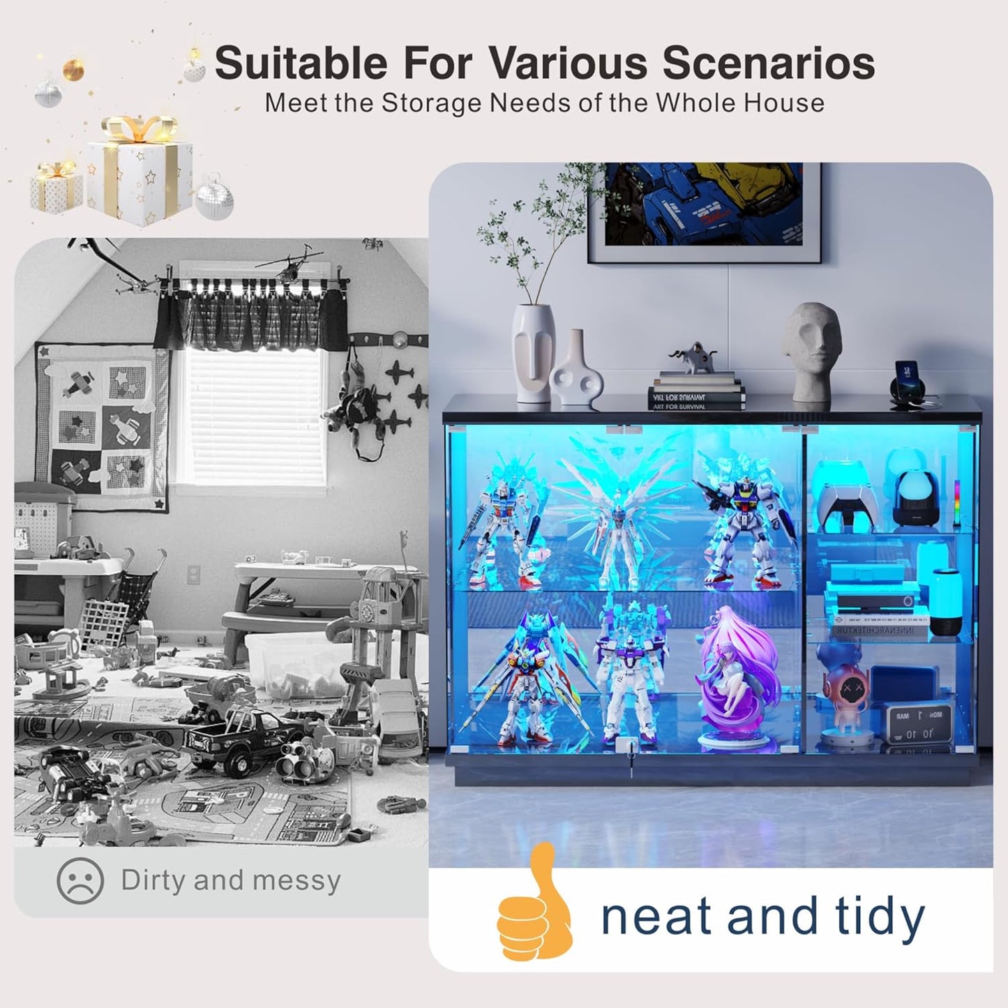 Glass Display Cabinet with Lock & LED Light, High Gloss Sideboard with Human Body Sensor & Glass Shelves for Toys, Books, Collectibles, Liquor, Bookcase for Living Room, Kitchen, Study, Black