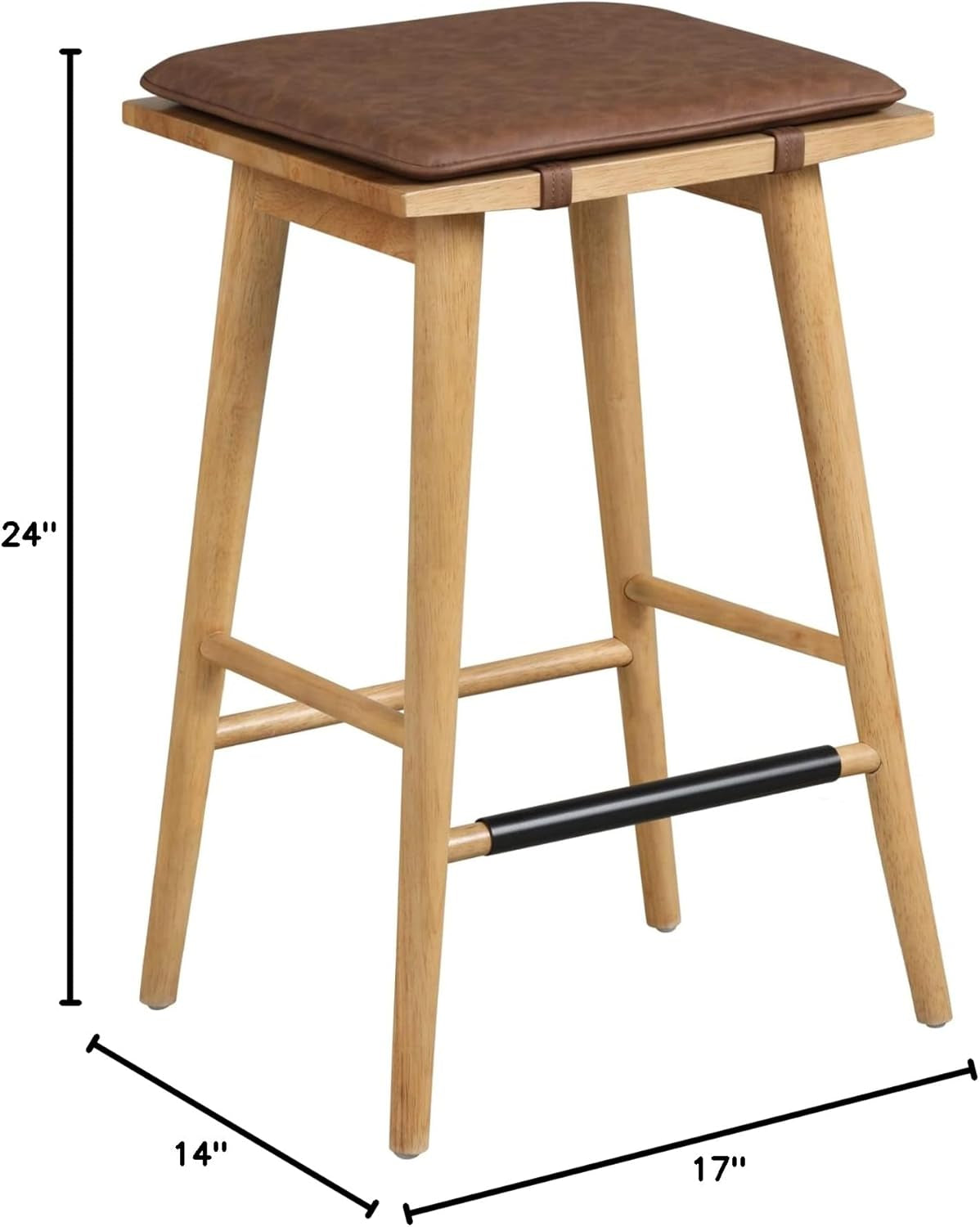 Barker Classic Counter Height Wood Barstool with Leather Removable Cushion, Backless Island 24" Bar Stool for Kitchen, Chestnut Brown
