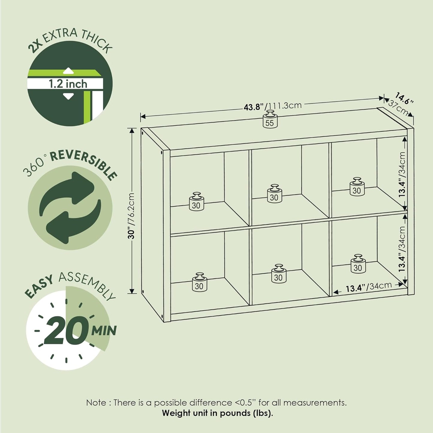 CUBICLE Book Shelf, 6-Cube Bookshelf, Extra Thick Frame Horizontally & Vertically Reversible Bookcase with Open Back, 14.6" X 44" X 30", for Living Room, Bedroom, Home Office, White