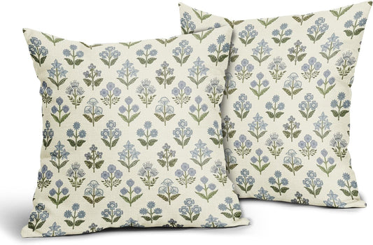 Blue Green Block Print Pillow Covers 18X18 Inch Set of 2, Vintage Floral Spring Decorative Throw Pillow Cases Boho Cushion Covers Rustic Decoration Gift Farmhouse Sofa Couch Bed Decor