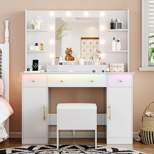 Vanity Desk with Mirror and Lights, 43'' White Makeup Dressing Table Set with 5 Drawers & Chair, Power Outlet, 3 Lighting Modes Adjustable Brightness & RGB LED for Women Girls Bedroom Bathroom