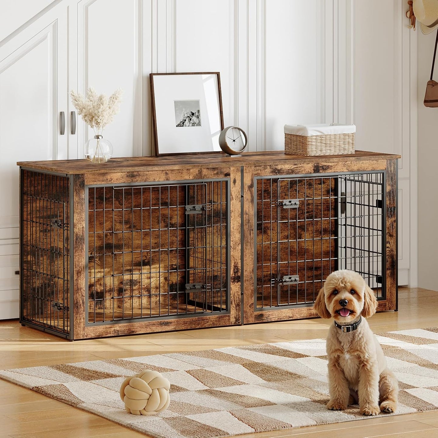 Dog Crate Furniture for 2 Dogs, 63" Large Double Dog Crate Furniture with Divider, Wooden Indoor Kennel TV Stand for Medium Large Dogs, Rustic Brown BF55GW03